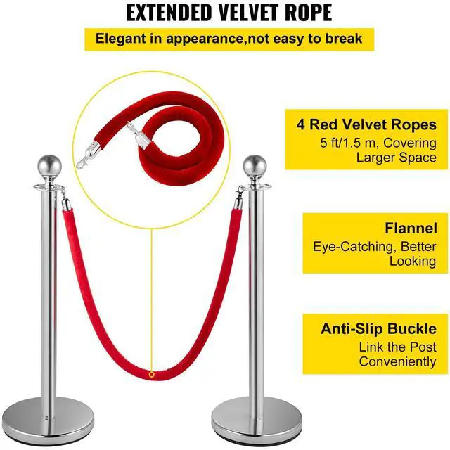 Alt view image 5 of 8 - VEVOR Crowd Control Stanchion, Set of 8 Pieces Silver Stanchion Set, Stanchion Set with 5 ft/1.5 m Red Velvet Rope, Crowd Control Barrier with Sturdy Concrete and Metal Base