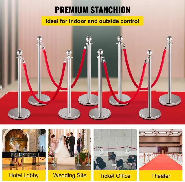 Alt view image 3 of 8 - VEVOR Crowd Control Stanchion, Set of 8 Pieces Silver Stanchion Set, Stanchion Set with 5 ft/1.5 m Red Velvet Rope, Crowd Control Barrier with Sturdy Concrete and Metal Base