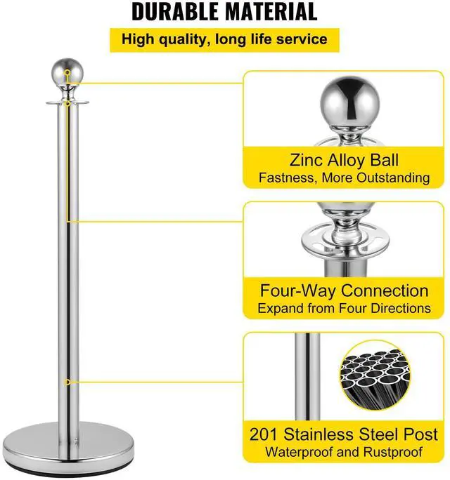 Alt view image 4 of 8 - VEVOR Crowd Control Stanchion, Set of 8 Pieces Silver Stanchion Set, Stanchion Set with 5 ft/1.5 m Red Velvet Rope, Crowd Control Barrier with Sturdy Concrete and Metal Base