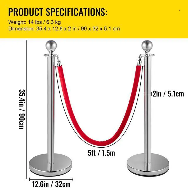 Alt view image 8 of 8 - VEVOR Crowd Control Stanchion, Set of 8 Pieces Silver Stanchion Set, Stanchion Set with 5 ft/1.5 m Red Velvet Rope, Crowd Control Barrier with Sturdy Concrete and Metal Base