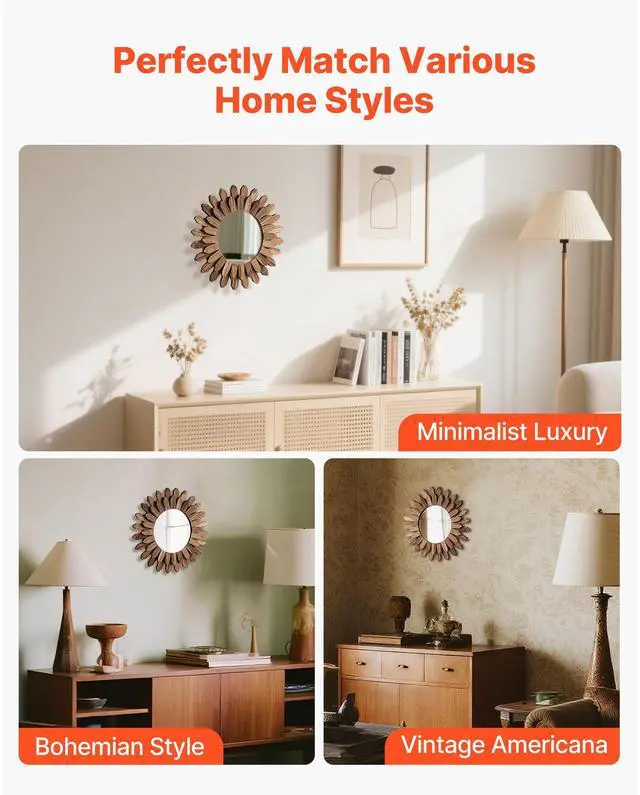 Alt view image 3 of 8 - VEVOR Wall Mirror Decorative 12-inch Rustic Wood Boho Sunburst Wall Mirrors