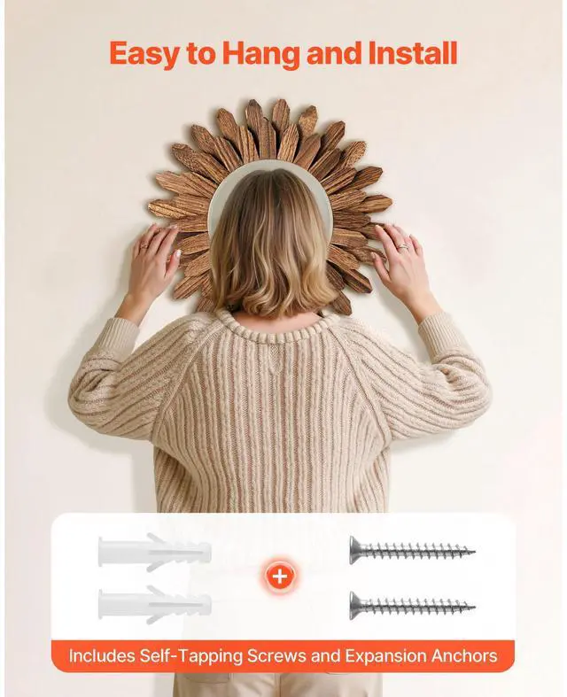Alt view image 5 of 8 - VEVOR Wall Mirror Decorative 12-inch Rustic Wood Boho Sunburst Wall Mirrors