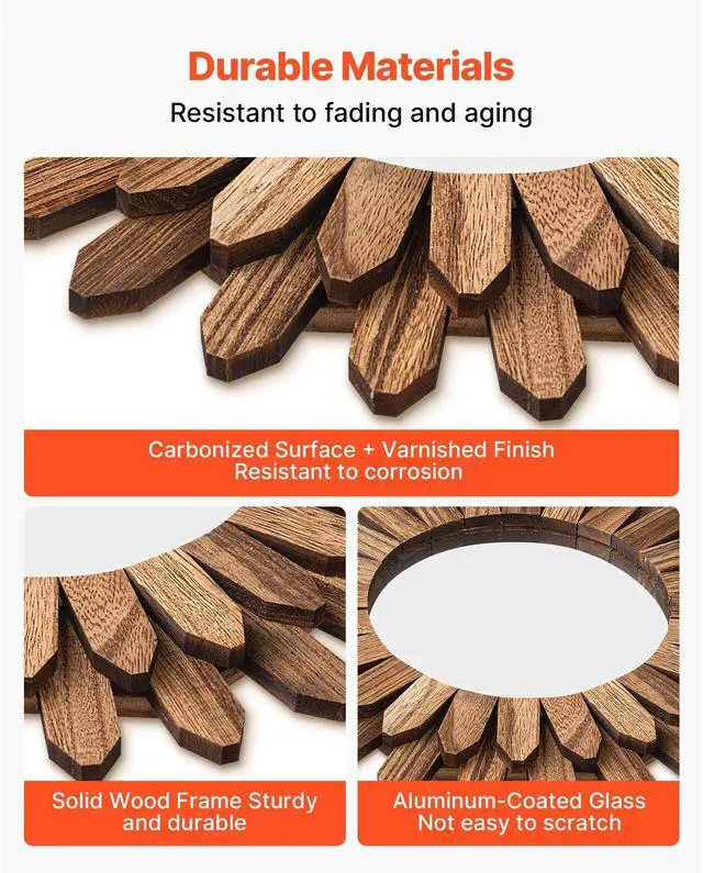 Alt view image 6 of 8 - VEVOR Wall Mirror Decorative 12-inch Rustic Wood Boho Sunburst Wall Mirrors