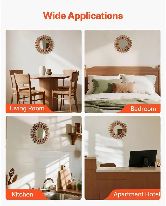 Alt view image 7 of 8 - VEVOR Wall Mirror Decorative 12-inch Rustic Wood Boho Sunburst Wall Mirrors