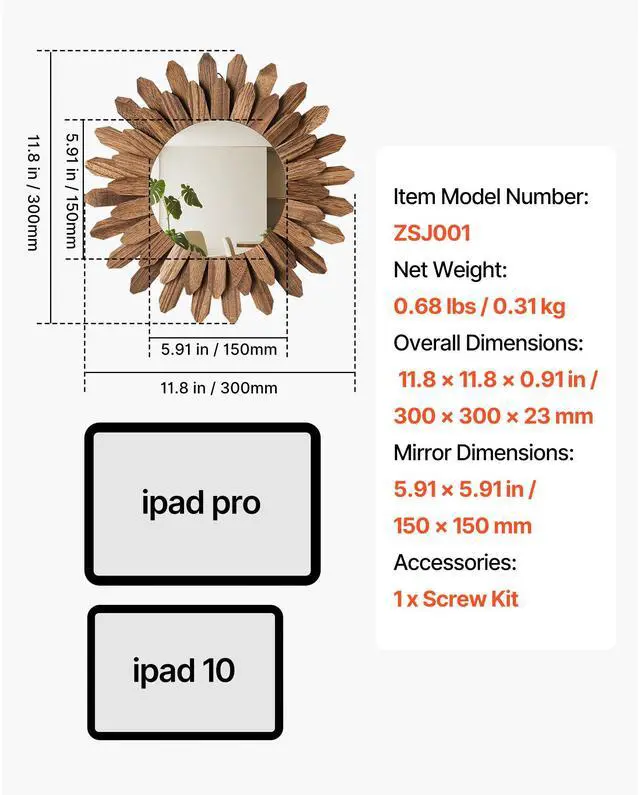 Alt view image 8 of 8 - VEVOR Wall Mirror Decorative 12-inch Rustic Wood Boho Sunburst Wall Mirrors