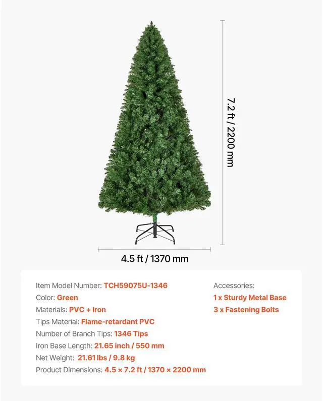 Alt view image 8 of 8 - VEVOR Christmas Tree, 7.2ft Artificial Xmas Tree, Full Holiday Decor Trees with 1346 Branch Tips & Sturdy Metal Base for Home Party Office Decoration