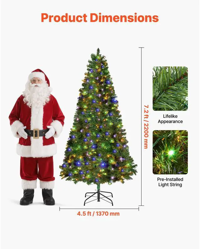Alt view image 3 of 8 - VEVOR Christmas Tree, 7.2ft Prelit Artificial Xmas Tree, Full Holiday Decor Trees with 470 Colorful LED Lights, 11 Lighting Modes, 1346 Branch Tips & Sturdy Metal Base for Home Party Office Decoration