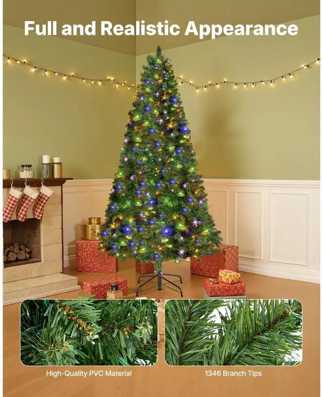 Alt view image 4 of 8 - VEVOR Christmas Tree, 7.2ft Prelit Artificial Xmas Tree, Full Holiday Decor Trees with 470 Colorful LED Lights, 11 Lighting Modes, 1346 Branch Tips & Sturdy Metal Base for Home Party Office Decoration