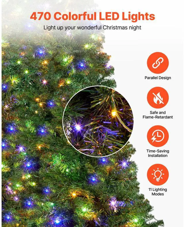 Alt view image 5 of 8 - VEVOR Christmas Tree, 7.2ft Prelit Artificial Xmas Tree, Full Holiday Decor Trees with 470 Colorful LED Lights, 11 Lighting Modes, 1346 Branch Tips & Sturdy Metal Base for Home Party Office Decoration