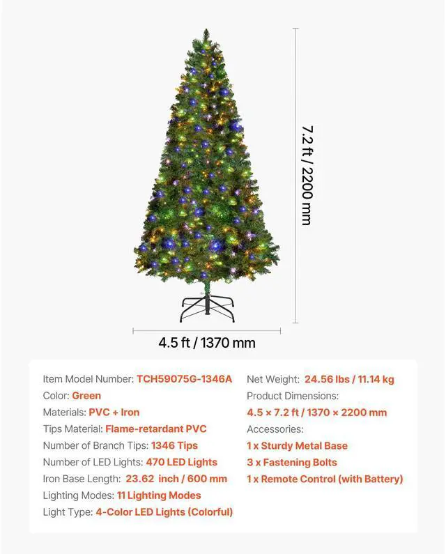 Alt view image 8 of 8 - VEVOR Christmas Tree, 7.2ft Prelit Artificial Xmas Tree, Full Holiday Decor Trees with 470 Colorful LED Lights, 11 Lighting Modes, 1346 Branch Tips & Sturdy Metal Base for Home Party Office Decoration