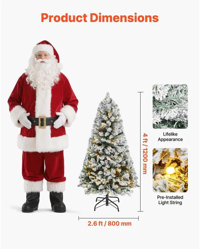 Alt view image 3 of 8 - VEVOR Christmas Tree, 4ft Prelit Flocked Artificial Tree, Full Holiday Xmas Deco Trees with 120 Warm White LED Lights, 8 Lighting Modes & 539 Branch Tips for Home Party Office Decoration