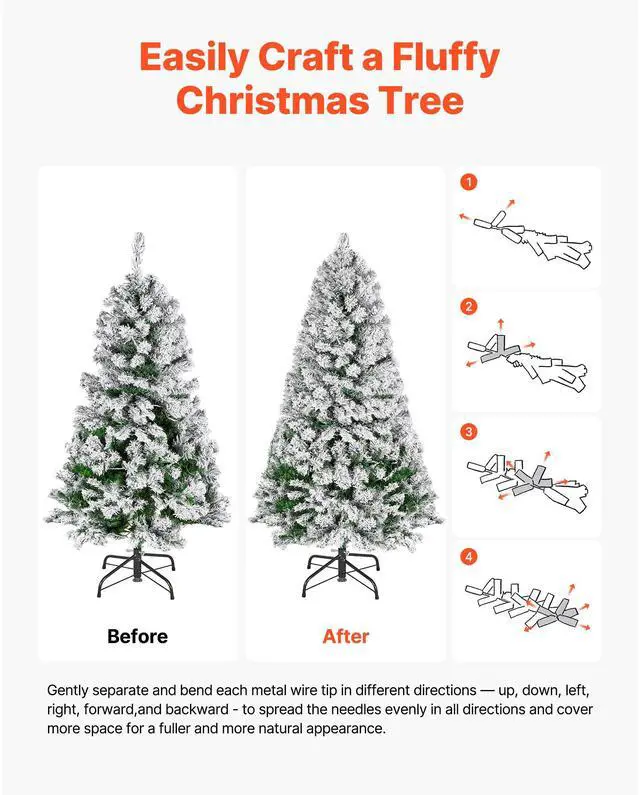 Alt view image 7 of 8 - VEVOR Christmas Tree, 4ft Prelit Flocked Artificial Tree, Full Holiday Xmas Deco Trees with 120 Warm White LED Lights, 8 Lighting Modes & 539 Branch Tips for Home Party Office Decoration