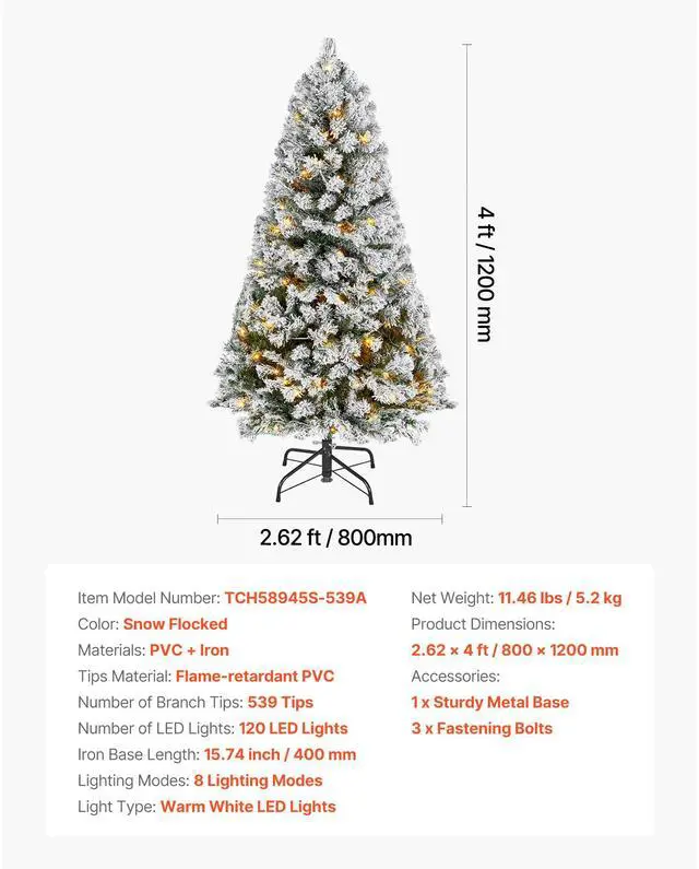 Alt view image 8 of 8 - VEVOR Christmas Tree, 4ft Prelit Flocked Artificial Tree, Full Holiday Xmas Deco Trees with 120 Warm White LED Lights, 8 Lighting Modes & 539 Branch Tips for Home Party Office Decoration