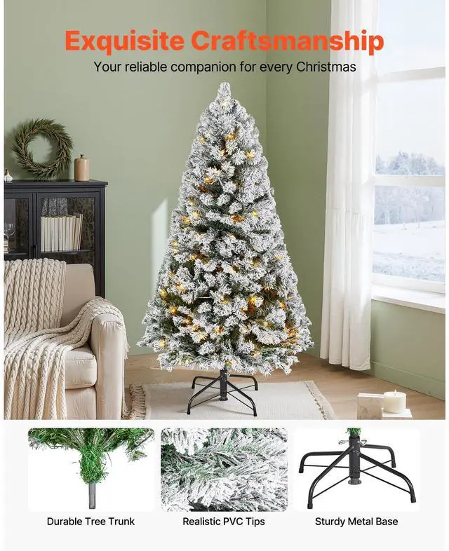 Alt view image 6 of 8 - VEVOR Christmas Tree, 4ft Prelit Flocked Artificial Tree, Full Holiday Xmas Deco Trees with 120 Warm White LED Lights, 8 Lighting Modes & 539 Branch Tips for Home Party Office Decoration