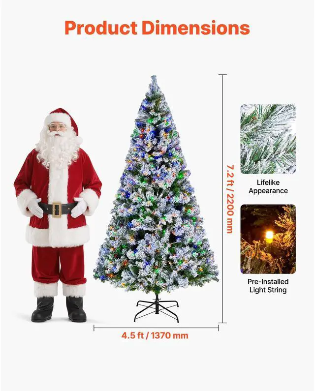 Alt view image 3 of 8 - VEVOR Christmas Tree, 7.2ft Prelit Flocked Artificial Tree, Full Holiday Xmas Deco Trees with 470 Colorful LED Lights, 11 Lighting Modes & 1346 Branch Tips for Home Party Office Decoration