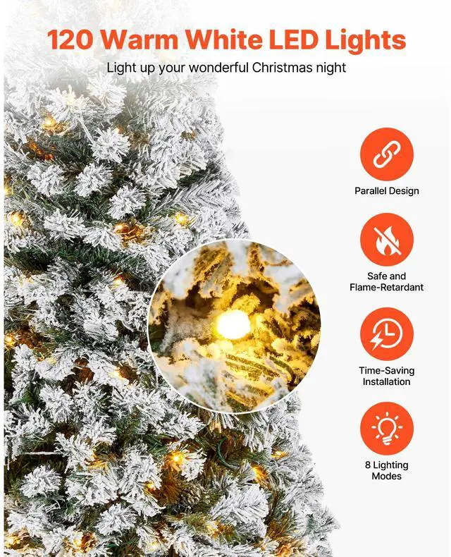Alt view image 5 of 8 - VEVOR Christmas Tree, 4ft Prelit Flocked Artificial Tree, Full Holiday Xmas Deco Trees with 120 Warm White LED Lights, 8 Lighting Modes & 539 Branch Tips for Home Party Office Decoration