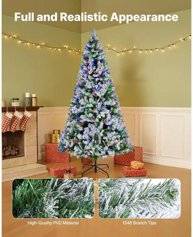 Alt view image 4 of 8 - VEVOR Christmas Tree, 7.2ft Prelit Flocked Artificial Tree, Full Holiday Xmas Deco Trees with 470 Colorful LED Lights, 11 Lighting Modes & 1346 Branch Tips for Home Party Office Decoration