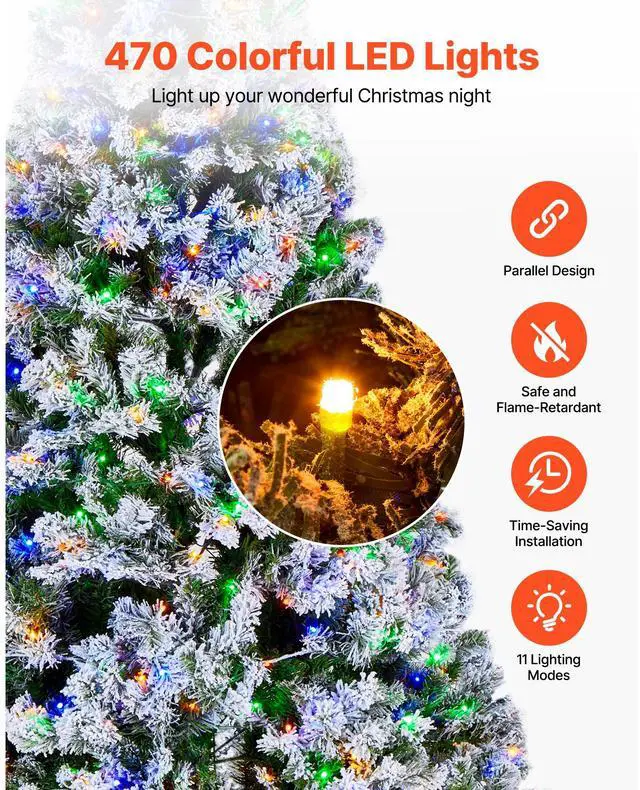 Alt view image 5 of 8 - VEVOR Christmas Tree, 7.2ft Prelit Flocked Artificial Tree, Full Holiday Xmas Deco Trees with 470 Colorful LED Lights, 11 Lighting Modes & 1346 Branch Tips for Home Party Office Decoration