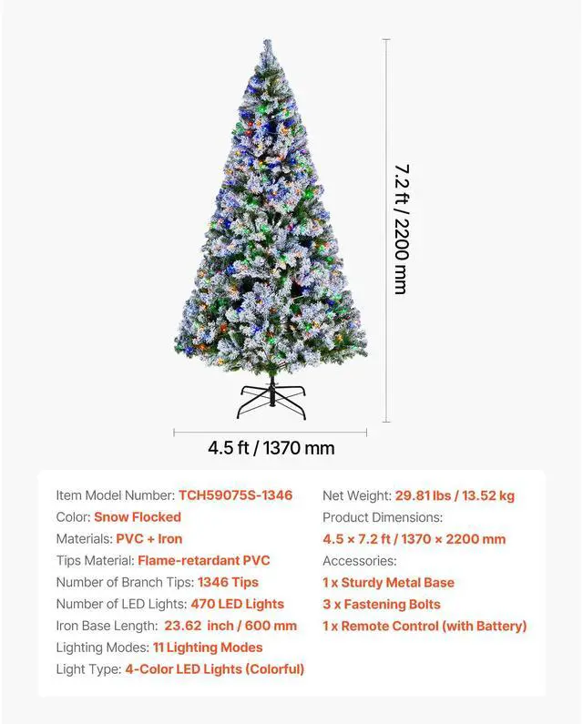Alt view image 8 of 8 - VEVOR Christmas Tree, 7.2ft Prelit Flocked Artificial Tree, Full Holiday Xmas Deco Trees with 470 Colorful LED Lights, 11 Lighting Modes & 1346 Branch Tips for Home Party Office Decoration