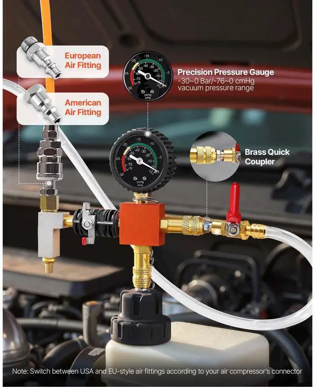 Alt view image 6 of 8 - VEVOR Coolant Pressure Tester Kit, 28Pcs Radiator Vacuum Refill Kit with 4 Adapters, Universal Fit, Automotive Cooling System Pressure Tester Kit, with Pressure Pump & Aluminum Alloy Purge Filler