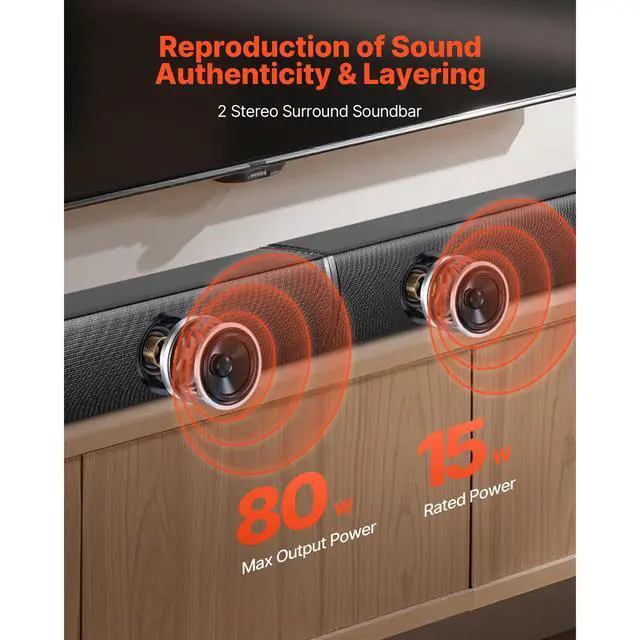 Alt view image 3 of 8 - VEVOR Sound Bar for Smart TV, 2.0 Channel, 32-Inch 2 in 1 Detachable Soundbar TV Speakers, with Bluetooth HDMI AUX USB Connection, Remote Control, 80W Surround Sound System, for Home Theater Audio