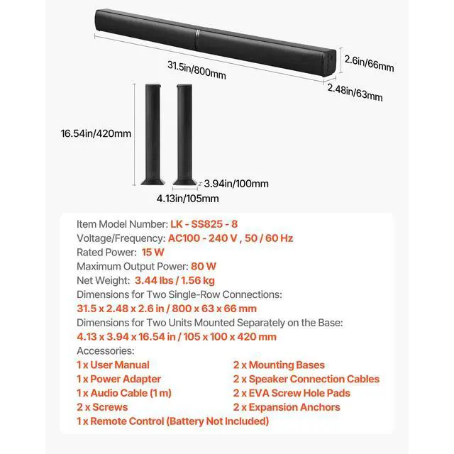 Alt view image 8 of 8 - VEVOR Sound Bar for Smart TV, 2.0 Channel, 32-Inch 2 in 1 Detachable Soundbar TV Speakers, with Bluetooth HDMI AUX USB Connection, Remote Control, 80W Surround Sound System, for Home Theater Audio