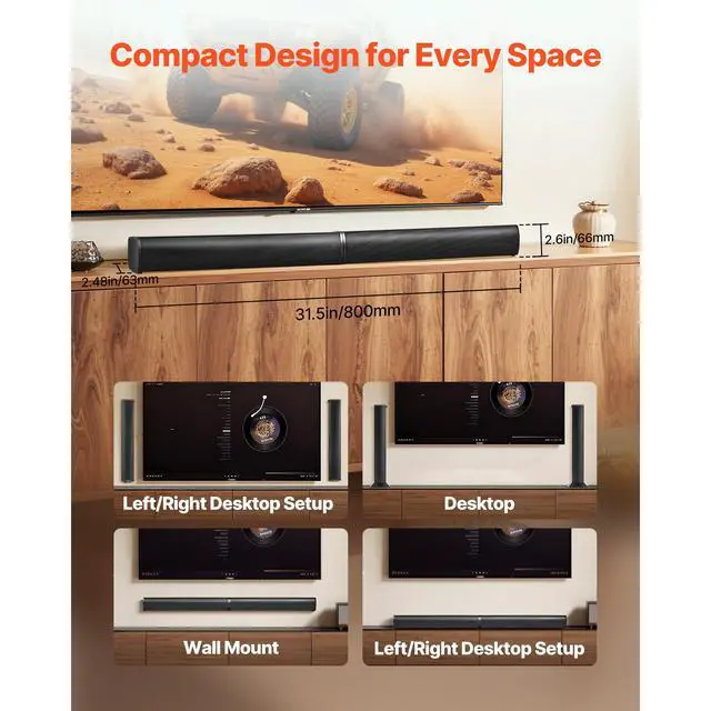 Alt view image 7 of 8 - VEVOR Sound Bar for Smart TV, 2.0 Channel, 32-Inch 2 in 1 Detachable Soundbar TV Speakers, with Bluetooth HDMI AUX USB Connection, Remote Control, 80W Surround Sound System, for Home Theater Audio