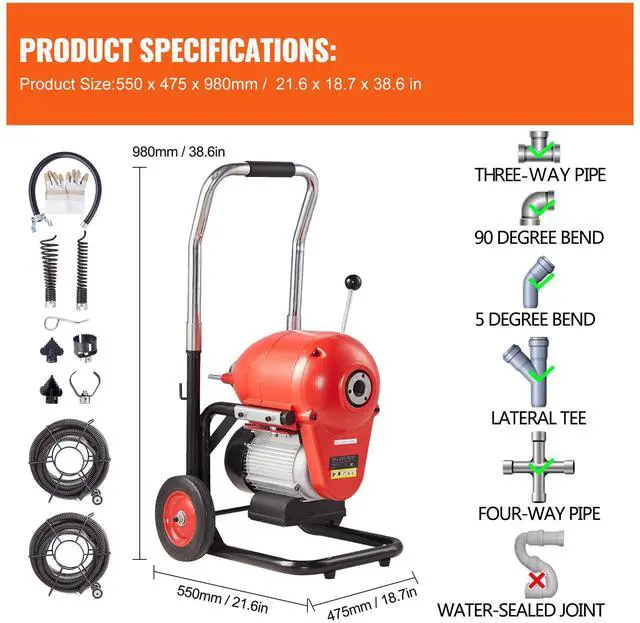 Alt view image 7 of 7 - Drain Cleaner Machine 120FT x 6/5 Inch, 1100W Electric Sewer Snake Auger Manual Feed - with 6 Cutters and CW/CCW Control for 4" to 8" Pipes