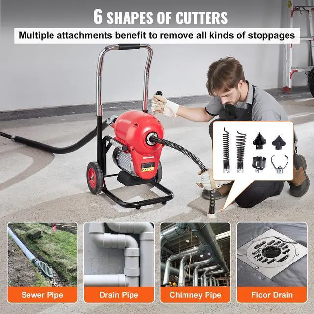 Alt view image 4 of 7 - Drain Cleaner Machine 120FT x 6/5 Inch, 1100W Electric Sewer Snake Auger Manual Feed - with 6 Cutters and CW/CCW Control for 4" to 8" Pipes