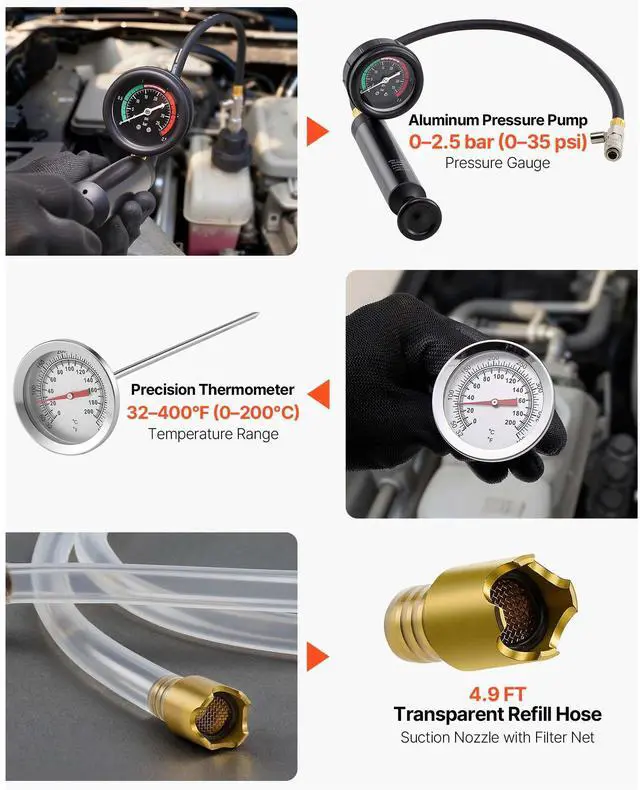 Alt view image 7 of 8 - VEVOR Coolant Pressure Tester Kit, 47Pcs Radiator Vacuum Refill Kit with 3 Metal Adapters, Universal Fit, Automotive Cooling System Pressure Tester Tool, with Pressures Pump & Plastic Filler