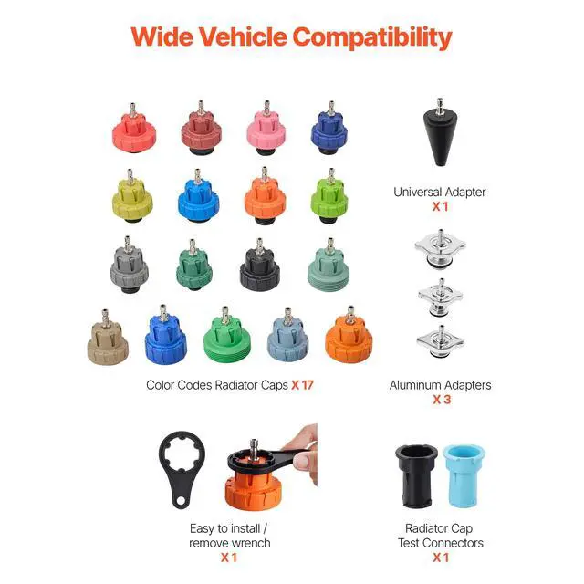 Alt view image 4 of 8 - VEVOR Coolant Pressure Tester Kit, 47Pcs Radiator Vacuum Refill Kit with 3 Metal Adapters, Universal Fit, Automotive Cooling System Pressure Tester Tool, with Pressures Pump & Plastic Filler