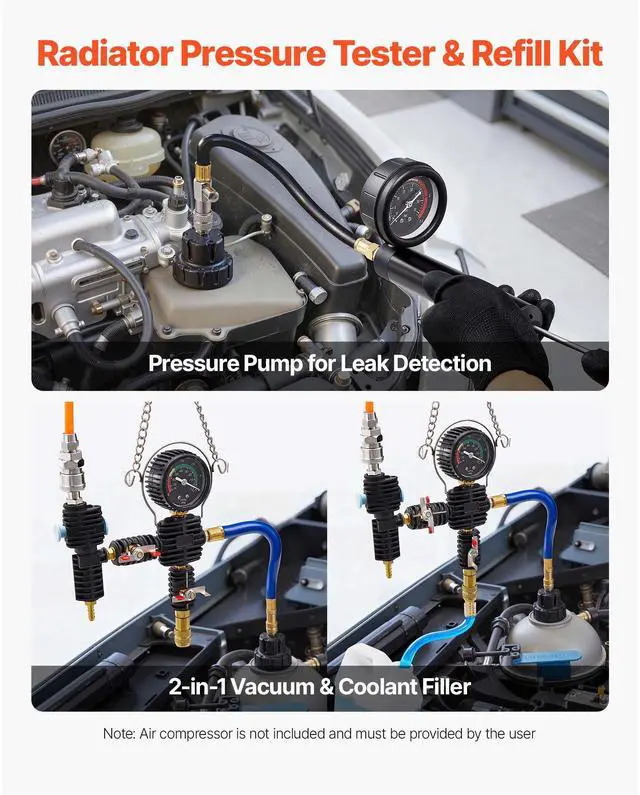 Alt view image 3 of 8 - VEVOR Coolant Pressure Tester Kit, 47Pcs Radiator Vacuum Refill Kit with 3 Metal Adapters, Universal Fit, Automotive Cooling System Pressure Tester Tool, with Pressures Pump & Plastic Filler