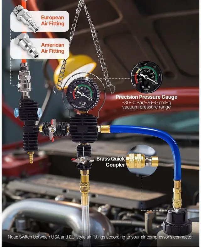 Alt view image 6 of 8 - VEVOR Coolant Pressure Tester Kit, 47Pcs Radiator Vacuum Refill Kit with 3 Metal Adapters, Universal Fit, Automotive Cooling System Pressure Tester Tool, with Pressures Pump & Plastic Filler