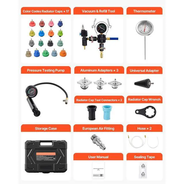 Alt view image 8 of 8 - VEVOR Coolant Pressure Tester Kit, 47Pcs Radiator Vacuum Refill Kit with 3 Metal Adapters, Universal Fit, Automotive Cooling System Pressure Tester Tool, with Pressures Pump & Plastic Filler