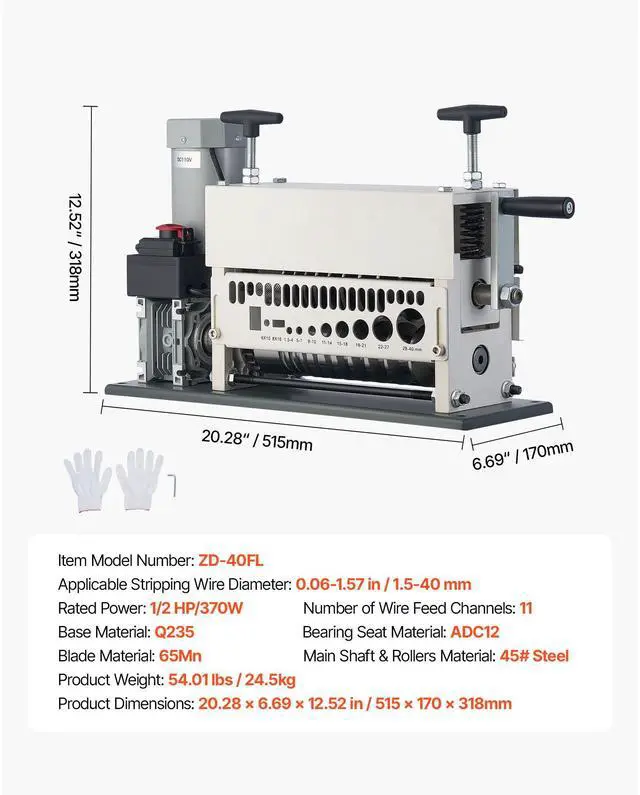 Alt view image 7 of 7 - Electric Wire Stripper Machine, 0.06-1.57 in, 11 Channel Automatic Copper Cable Stripper,  370W Wire Stripper Tool with Manual Hand Crank Mode, Emergency Stop Button, for Scrap Copper Recycling