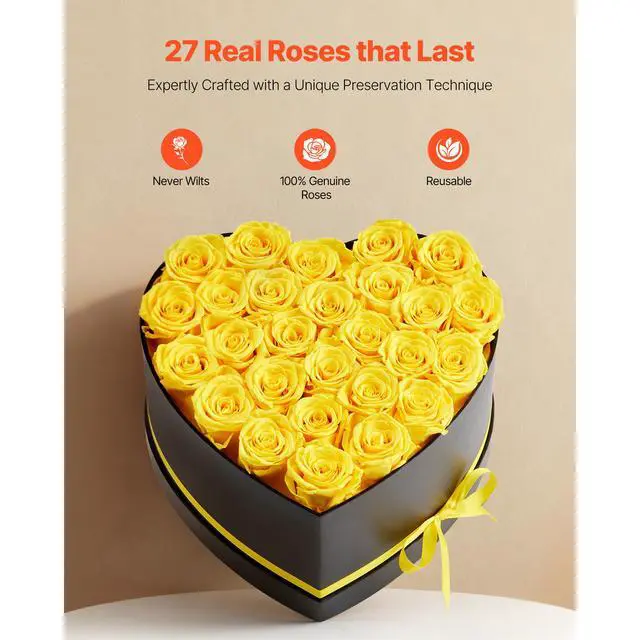 Alt view image 3 of 8 - VEVOR Forever Flowers, 27 Preserved Roses in a Heart Shape Box, Eternal Flowers Immortal Bouquet Birthday Present for Women Her Wife Mothers, Anniversary, Valentine's Day,Christmas, Yellow