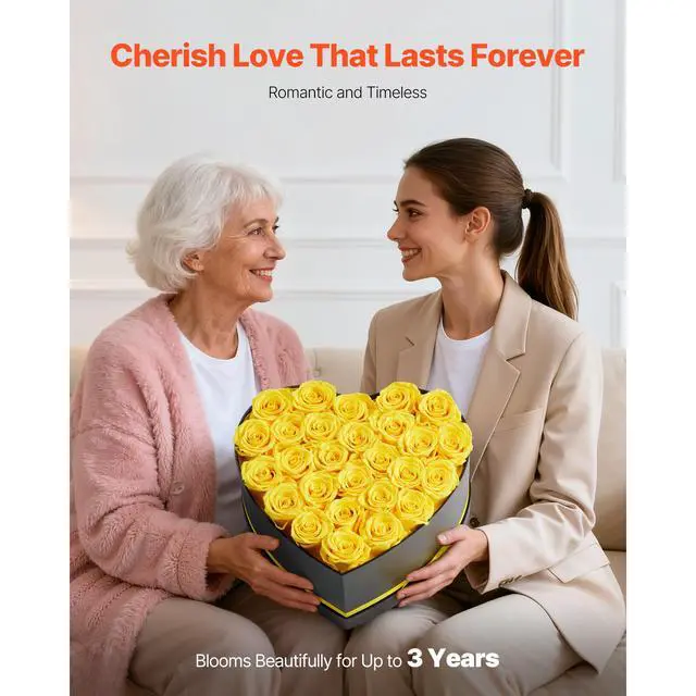 Alt view image 4 of 8 - VEVOR Forever Flowers, 27 Preserved Roses in a Heart Shape Box, Eternal Flowers Immortal Bouquet Birthday Present for Women Her Wife Mothers, Anniversary, Valentine's Day,Christmas, Yellow