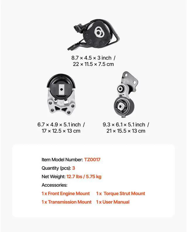 Alt view image 8 of 8 - VEVOR Engine and Transmission Motor Mount Kit Replacement, Set of 3, Compatible with 20072014 Ford Edge 3.5L, Replace OE# A5342, A5431, A5605, Secure Support