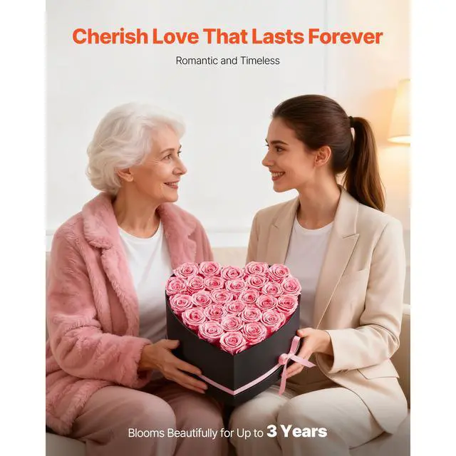 Alt view image 4 of 8 - VEVOR Forever Flowers, 27 Preserved Roses in a Heart Shape Box, Eternal Flowers Immortal Bouquet Birthday Present for Women Her Wife Mothers, Anniversary, Valentine's Day,Christmas, Pink
