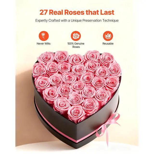 Alt view image 3 of 8 - VEVOR Forever Flowers, 27 Preserved Roses in a Heart Shape Box, Eternal Flowers Immortal Bouquet Birthday Present for Women Her Wife Mothers, Anniversary, Valentine's Day,Christmas, Pink