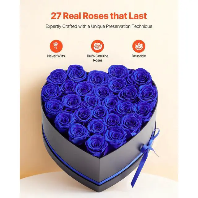 Alt view image 3 of 8 - VEVOR Forever Flowers, 27 Preserved Roses in a Heart Shape Box, Eternal Flowers Immortal Bouquet Birthday Present for Women Her Wife Mothers, Anniversary, Valentine's Day,Christmas, Royal Blue