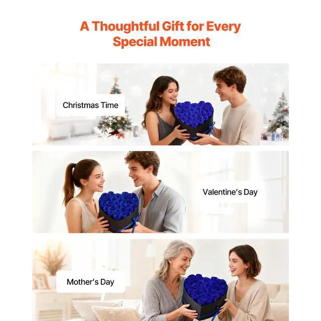 Alt view image 6 of 8 - VEVOR Forever Flowers, 27 Preserved Roses in a Heart Shape Box, Eternal Flowers Immortal Bouquet Birthday Present for Women Her Wife Mothers, Anniversary, Valentine's Day,Christmas, Royal Blue