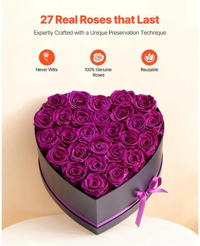 Alt view image 3 of 8 - VEVOR Forever Flowers, 27 Preserved Roses in Heart Shape Box, Eternal Flowers Immortal Bouquet Birthday Present for Women Her Wife Mothers, Anniversary, Valentine's Day,Christmas, Purple