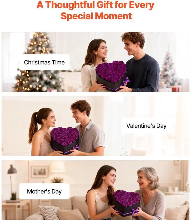 Alt view image 6 of 8 - VEVOR Forever Flowers, 27 Preserved Roses in Heart Shape Box, Eternal Flowers Immortal Bouquet Birthday Present for Women Her Wife Mothers, Anniversary, Valentine's Day,Christmas, Purple