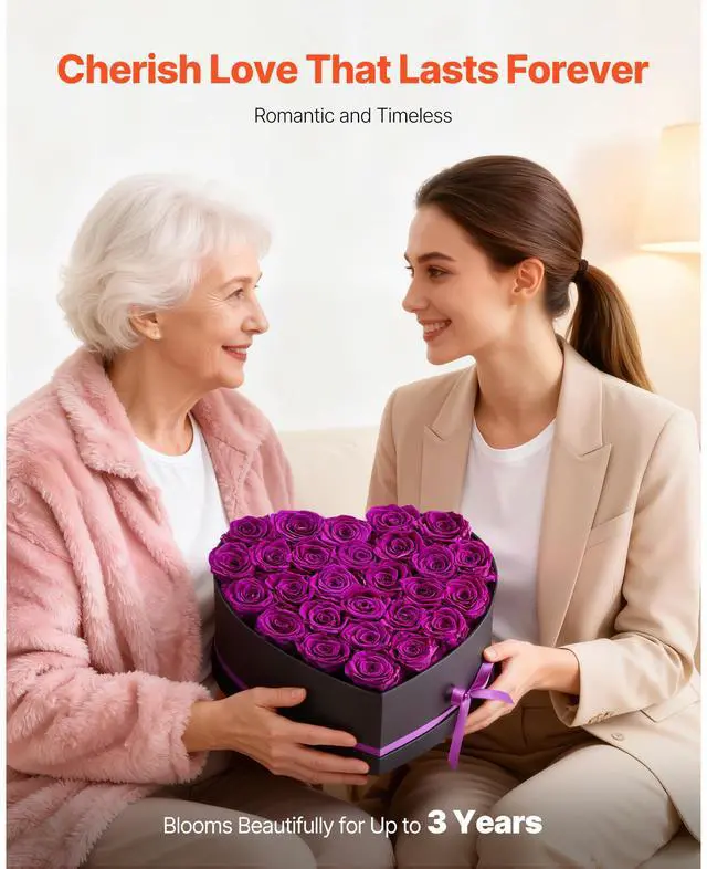 Alt view image 4 of 8 - VEVOR Forever Flowers, 27 Preserved Roses in Heart Shape Box, Eternal Flowers Immortal Bouquet Birthday Present for Women Her Wife Mothers, Anniversary, Valentine's Day,Christmas, Purple