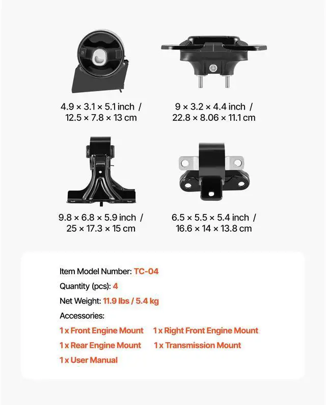Alt view image 8 of 8 - VEVOR Engine Motor Mount and Transmission Mount Kit Replacement, Set of 4, Compatible with 20112019 Dodge Journey 3.6L FWD, Replace OE# A5551, A5443, A5632, A5543, Secure Support