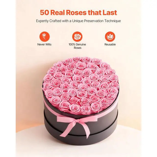 Alt view image 3 of 8 - VEVOR Forever Flowers, 50 Preserved Roses in a Box, Eternal Flowers Immortal Bouquet Birthday Present for Delivery Prime Women Her Wife Mothers, Anniversary, Valentine's Day,Christmas, Sweet Pink