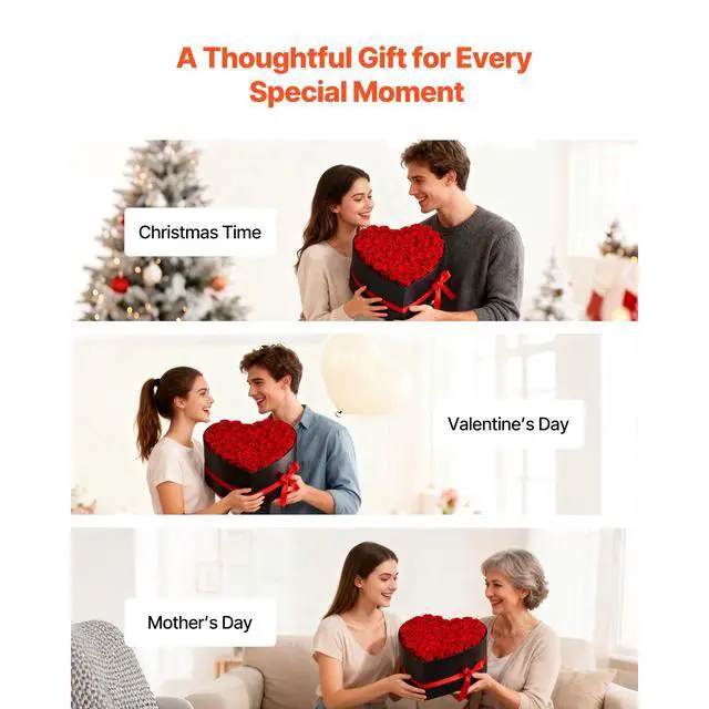 Alt view image 6 of 8 - VEVOR Forever Flowers, 50 Preserved Roses in a Heart Shape Box, Eternal Flowers Immortal Bouquet Birthday Present for Delivery Prime Women Her Wife Mothers, Anniversary, Valentine's Day,Christmas, Red