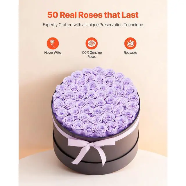 Alt view image 3 of 8 - VEVOR Forever Flowers, 50 Preserved Roses in a Box, Eternal Flowers Immortal Bouquet Birthday Present for Women Her Wife Mothers, Anniversary, Valentine's Day,Christmas, Lavender Purple