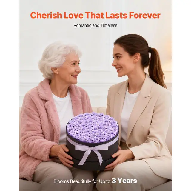 Alt view image 4 of 8 - VEVOR Forever Flowers, 50 Preserved Roses in a Box, Eternal Flowers Immortal Bouquet Birthday Present for Women Her Wife Mothers, Anniversary, Valentine's Day,Christmas, Lavender Purple